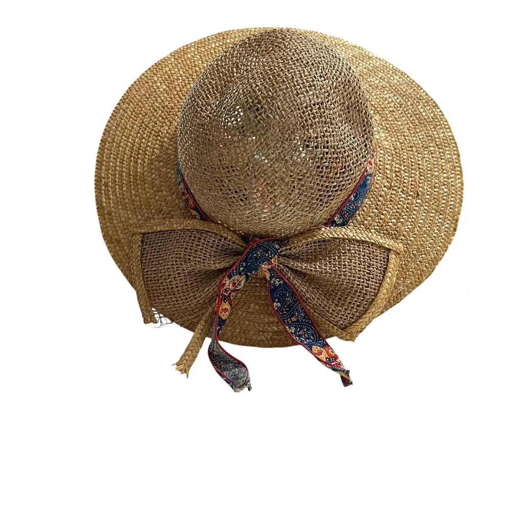 Vintage GitanoCottagecore Natural Straw Sun‎ Hat Floral Print Ribbon Bow Accent